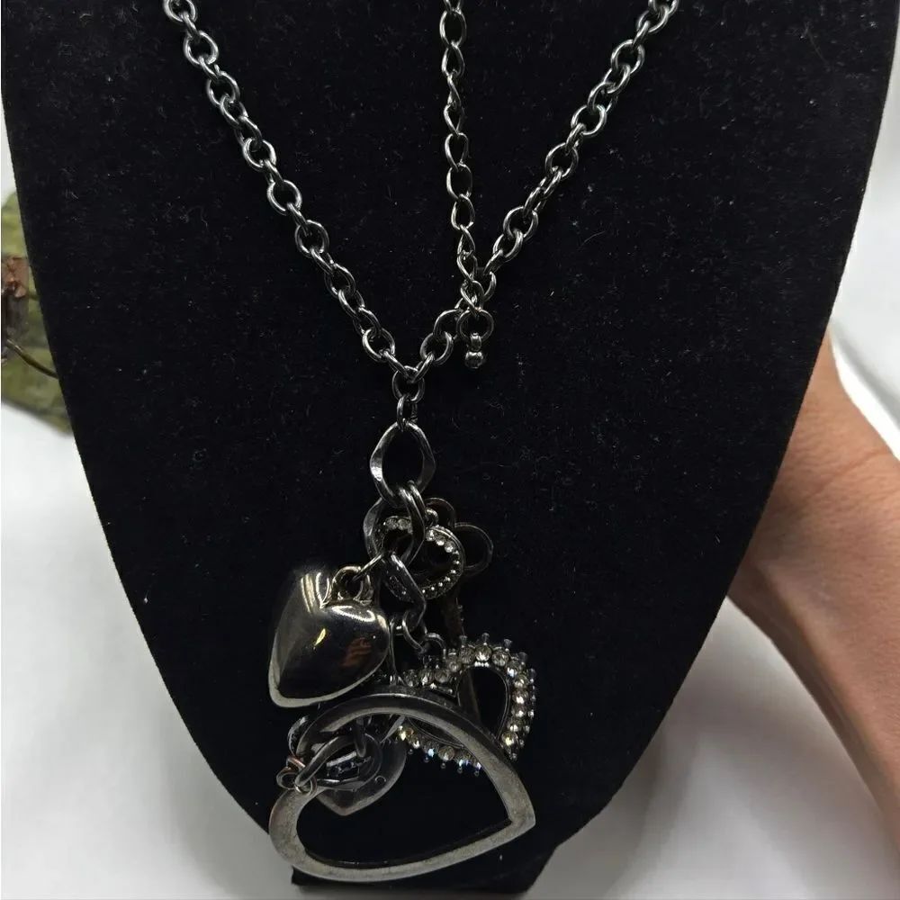 "5/$40" Long Gunmetal Chunky Charm Rhinestone Steampunk Adjustable Necklace